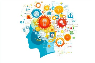 An idea, concept, and innovation are represented by a head silhouette with gears