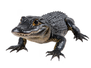 Young American alligator with textured scales on a white background.