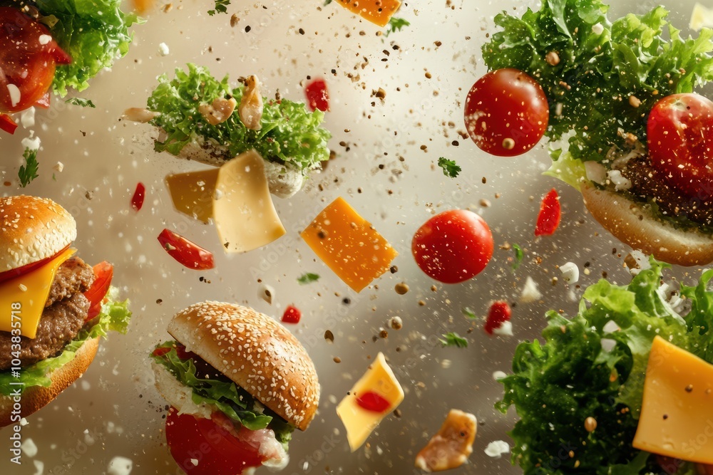 Aufkleber burger components like lettuce, tomatoes, meat, and cheese are scattered dynamically, creating a vib