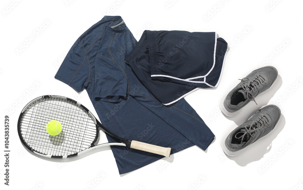 Poster Tennis racket, balls and sportswear isolated on white, top view