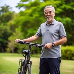 Obraz premium A full shot photo of a greyhaired, Asian senior male holding a bicycle. The eye-level shot with rack focus highlights him and the bicycle in the foreground, with a soft background that emphasizes his