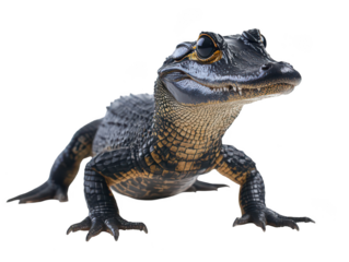 Close-up of a young alligator wearing sunglasses, exuding a playful and cool vibe.