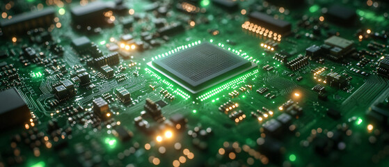 Obraz premium Closeup of a Green Circuit Board with a Glowing Central Processing Unit, Closeup of a Green Circuit Board with a Glowing Central Processi