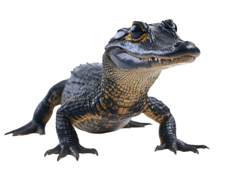 Close-up of a young alligator wearing sunglasses, exuding a playful and cool vibe.