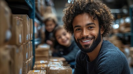 family joyfully volunteering at a food bank working together with smiles while sorting donations embodying community spirit and compassion