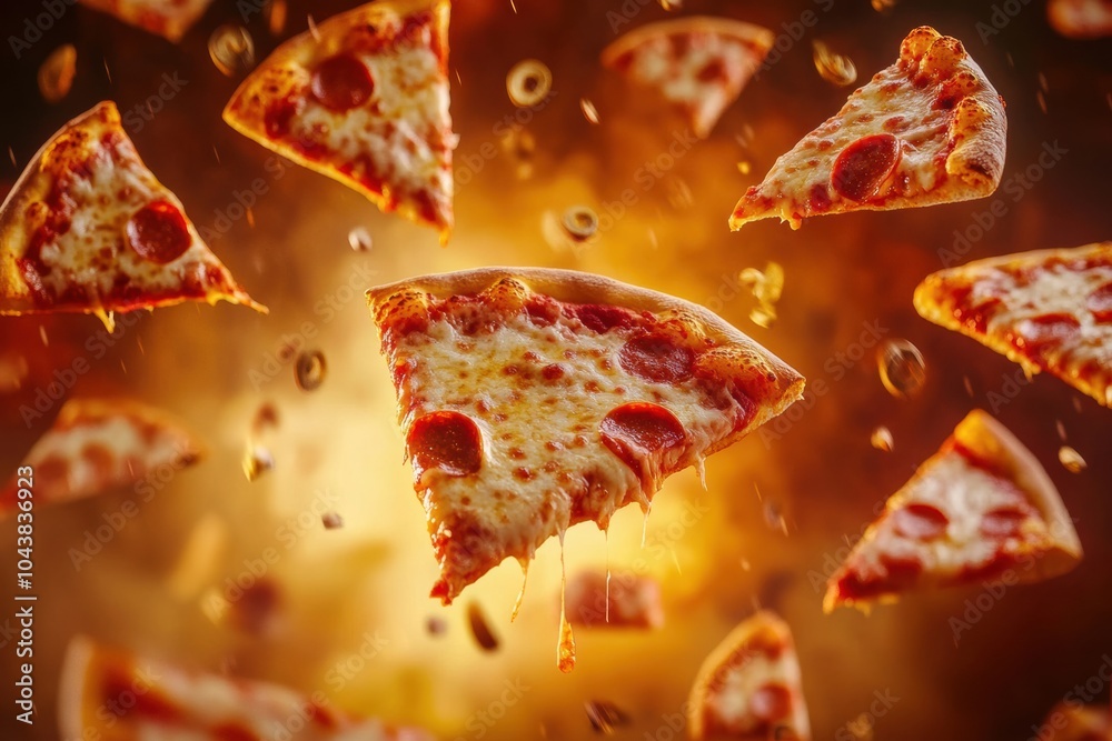 Poster Slices of pizza soar diagonally through a colorful background, creating a lively and inviting atmosphere perfect for a pizza-themed design. Generative AI