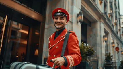 Smiling Hotel Bellhop in Red Uniform Carrying Luggage Outside Luxury Hotel Entrance