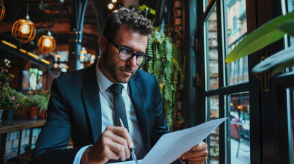 Fototapeta premium Business Professional Reviewing Documents in Modern Office with Natural Light and Greenery
