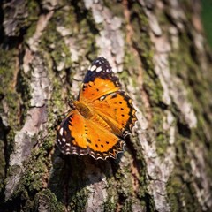 A close-up photo of a butterfly clinging to a tree bark, deep focus on the fine details of its camouflage patterns, eye-level shot providing a portrait that shows its adaptation to its natural