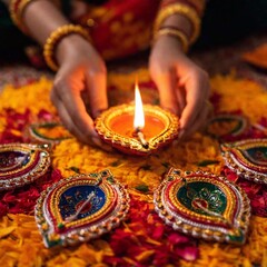 Design a close-up photo of religious prayers during Diwali, with an eye-level perspective and deep focus to capture the fine details of the hands holding a diya, the vibrant rangoli in the background