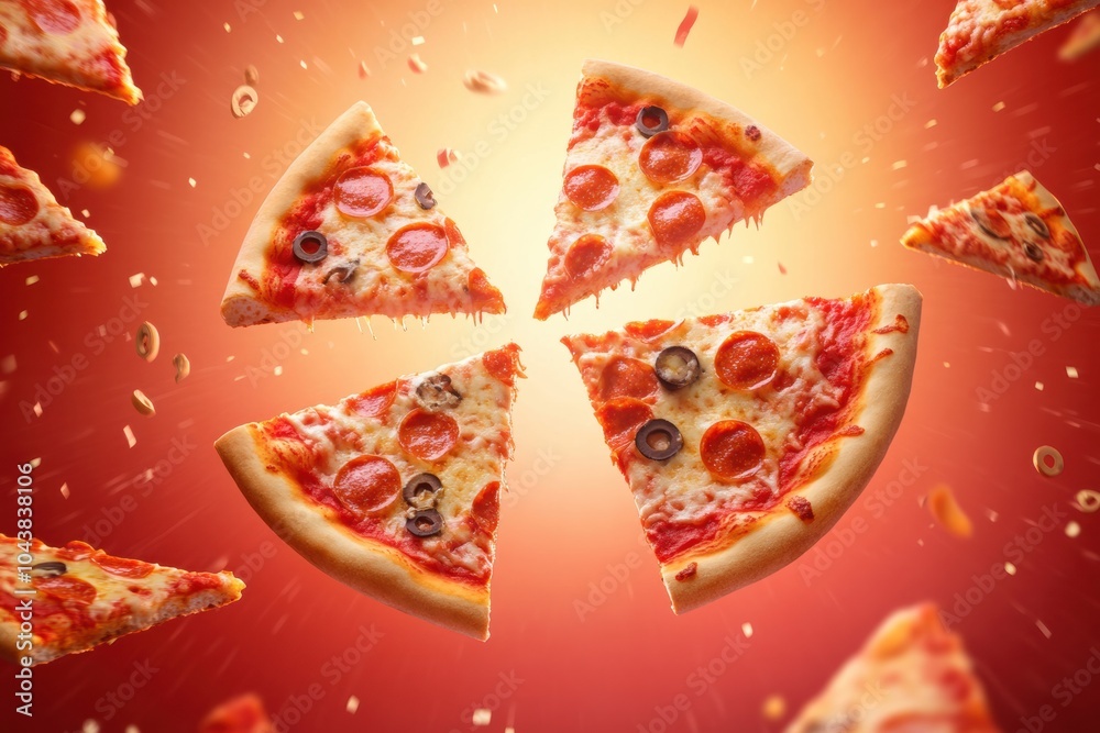 Poster Large slices of pizza soar across a colorful background, creating a dynamic visual effect while leaving space for text in the center. Generative AI