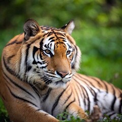Fototapeta premium close-up of a tiger fur, the rich orange and black stripes in sharp focus, while the rest of the animal and the forest floor gradually fade into a gentle blur, giving texture to its coat