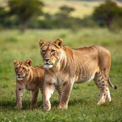 Fototapeta premium A full shot photo of a lioness leading her cubs across a grassy plain, deep focus capturing the familial bond and protective posture, low-angle shot showing the full body of the lioness in a
