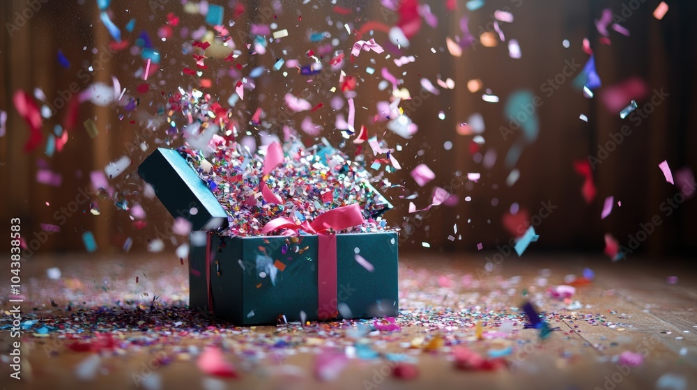 Poster Colorful confetti and ribbons burst from an open gift box, creating a vibrant display during a joyful celebration in a warm atmosphere. Generative AI