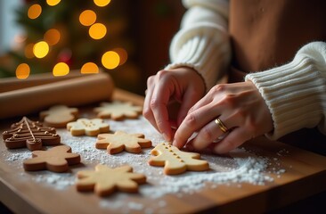 Close-up of woman's hands making cookies from New Year's molds. Against the background of a rustic kitchen. Flickering garlands against the background of the Christmas tree. Cookies in the shape of Ch