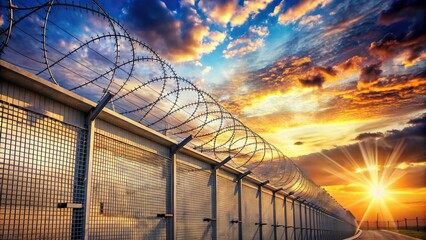 Fototapeta premium Prison yard with barbed wire and bright sky, asymmetrical