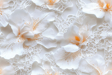  Seamless floral lace pattern featuring delicate white and beige flowers with intricate details, creating a soft and elegant ornamental background.