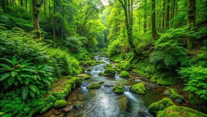 Obraz premium Pristine forest creek surrounded by lush greenery from a high angle