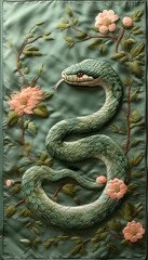 Serpentine elegance: An embroidered green snake entwined with blooming flowers