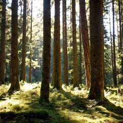 Fototapeta premium A full shot of a peaceful forest at eye level, with tall trees and sunlight streaming through the branches. with frog