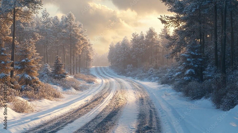 Poster a snowy road with trees in the background