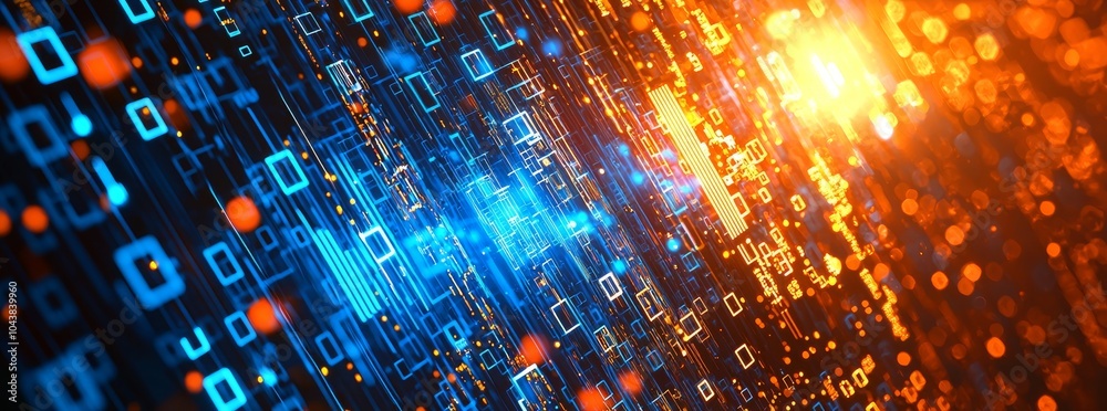 Poster background with illuminated fiber optics, quantum computing network system, electronic global intell
