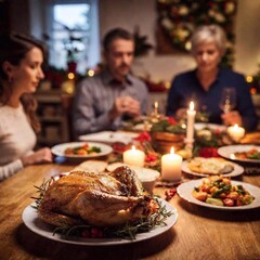 A reflective photo of a Polish Christmas Eve dinner with family members gathered around the table, focusing on a moment of prayer or reading from the Bible, with traditional religious elements and