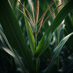 Obraz premium close up of corn plants. green wheat field. green agricultural grass land with plants.