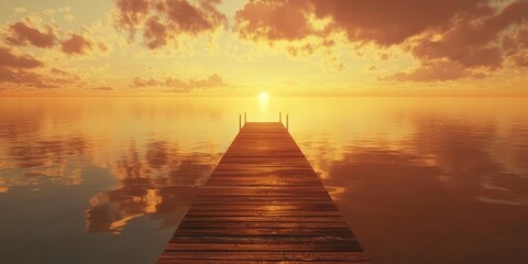Naklejka premium Wooden pier stretching into a tranquil misty lake surrounded by fog-covered mountains at dawn