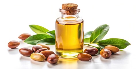 Product shot of jojoba oil with jojoba seeds isolated on white background