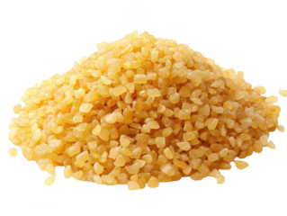 Close-up of a pile of golden bulgur grains on a white background.