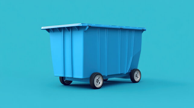 blue plastic dumpster on wheels, set against vibrant turquoise background, symbolizes waste management and recycling. Its sturdy design emphasizes functionality and durability