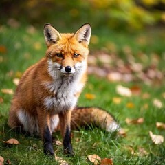 Fototapeta premium A medium shot of a red fox sitting among autumn leaves, with rack focus emphasizing the fox's detailed fur and the vibrant, blurred foliage around it