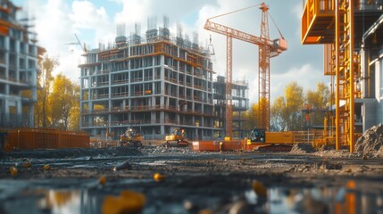 a building under construction with cranes and other construction equipment, fully built buildings, construction site, construction yard, complex 3d render. award winning photography