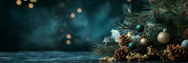 Elegant Christmas Holiday Banner with Pine Cones, Ornaments, and Bokeh Lights, room for text