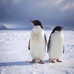 Obraz premium A medium shot of a family of penguins huddled together on an icy landscape, with rack focus highlighting the closest penguin's details while the others and the icy backdrop are gently blurred