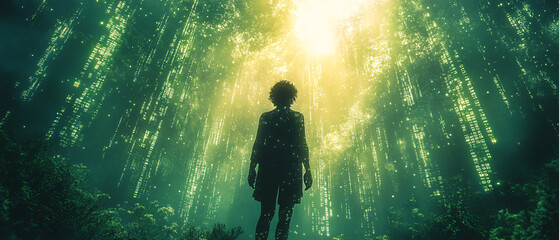 Fototapeta premium Silhouette of a Person Standing in a Green and Yellow Digital Forest, Silhouette of a Person Standing in a Green and Yellow Digital Fo