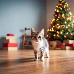 A Christmas Eve room in 60s style, featuring little kitten curiously looking at camera, many gifts on the floor, using a full shot with deep focus and a point of view perspective