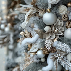 Elegant White and Gold Christmas Tree Close-Up with Luxurious Ornaments