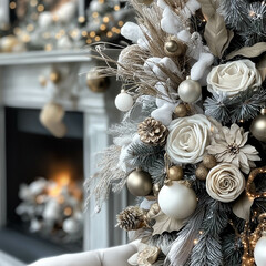 Elegant White and Gold Christmas Tree Decor with Fireplace Background
