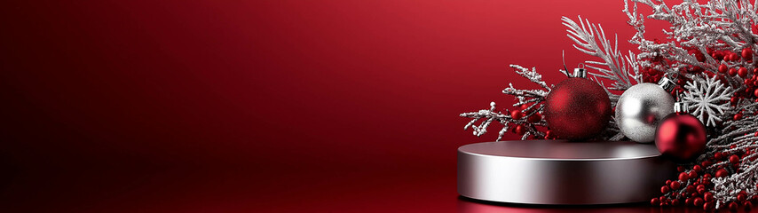 Elegant Christmas Display with Red and Silver Ornaments on Red Background