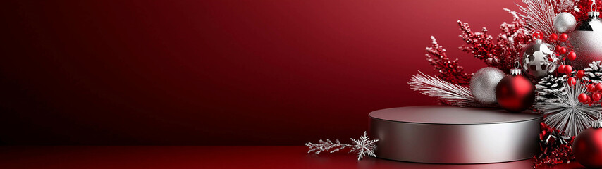 Festive Red Christmas Display with Ornaments and Snowflakes on a Red Background