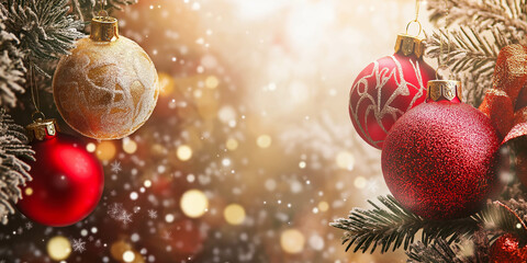 Festive Christmas Ornaments with Snow-Covered Branches and Golden Holiday Lights