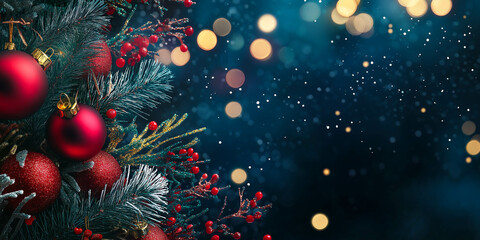 Christmas Tree with Red Ornaments and Festive Bokeh Lights