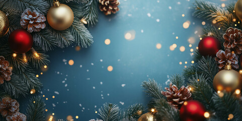 Festive Christmas Decorations with Red and Gold Ornaments on a Snowy Pine Background