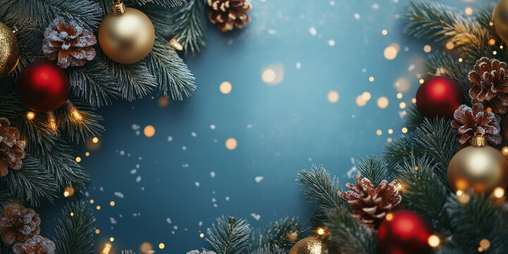 Festive Christmas Decorations with Red and Gold Ornaments on a Snowy Pine Background