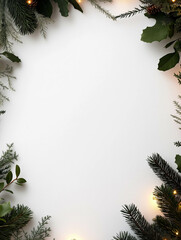 Christmas Flatlay Mockup with Pine Branches and Warm String Lights on White Background