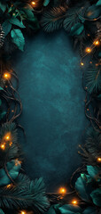 Elegant Christmas Border with Pine Branches and Warm String Lights on Dark Background