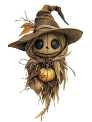 Spooky Halloween Corn Husk Doll with Witch Hat and Pumpkin isolated on white