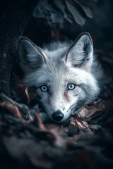 Close-Up of a White Fox with Piercing Blue Eyes Lying in Autumn Leaves